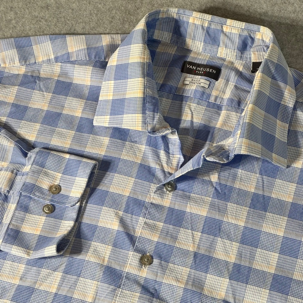 Van Heusen Flex Big Fit Mens Blue White Plaid Stretch Dress Shirt 18 34/35